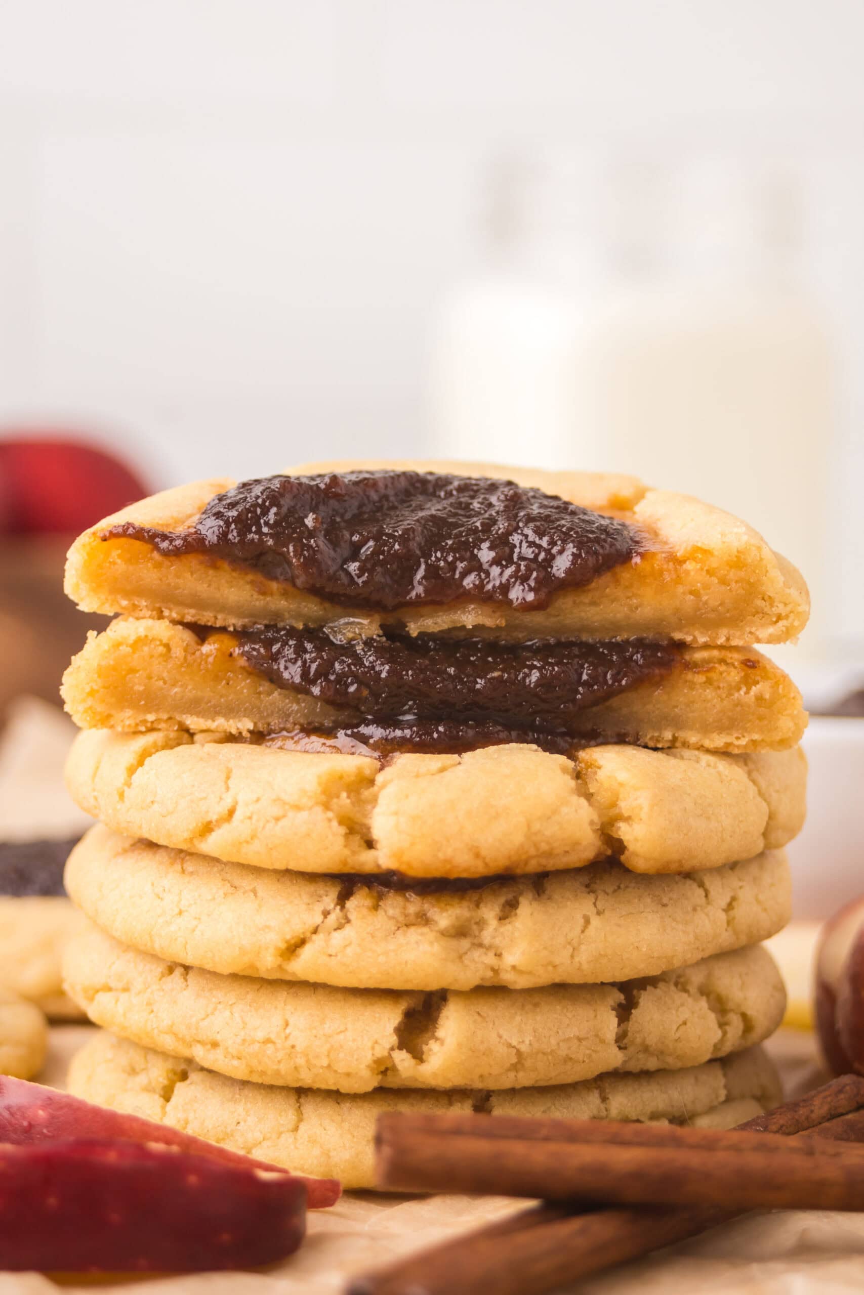 Stack of apple butter thumbprint cookies
