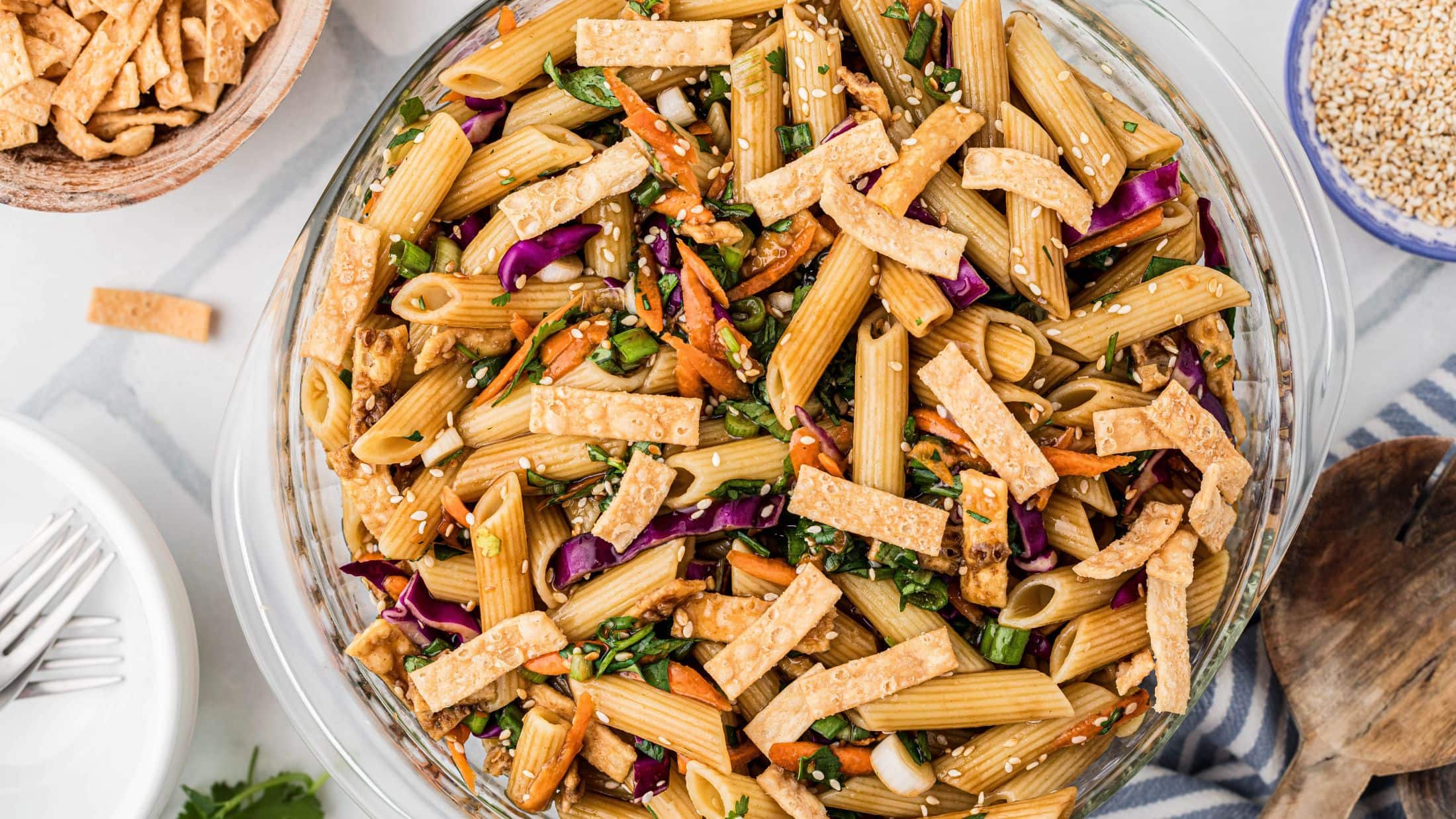 Wide shot of the Asian Pasta Salad, ready to be served