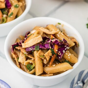 Small bowl of Asian pasta salad ready to be enjoyed