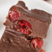 Close up of dark cherry fudge, all cooled and cut into perfect bite-sized squares