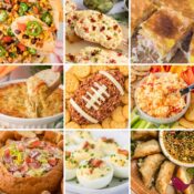 a collage of football food appetizers including jerk chicken nachos, Italian hoagie dip, football cheeseball, air fryer potstickers with dumpling dipping sauce, Swiss onion dip. bacon cheddar deviled eggs, artichoke bruschetta, jalapeno pimento cheese, and ham and cheese puff pastry