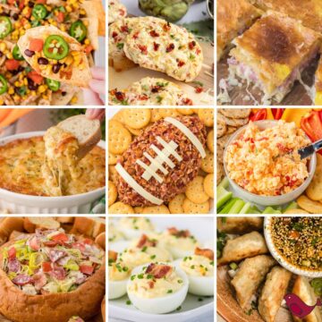 a collage of football food appetizers including jerk chicken nachos, Italian hoagie dip, football cheeseball, air fryer potstickers with dumpling dipping sauce, Swiss onion dip. bacon cheddar deviled eggs, artichoke bruschetta, jalapeno pimento cheese, and ham and cheese puff pastry