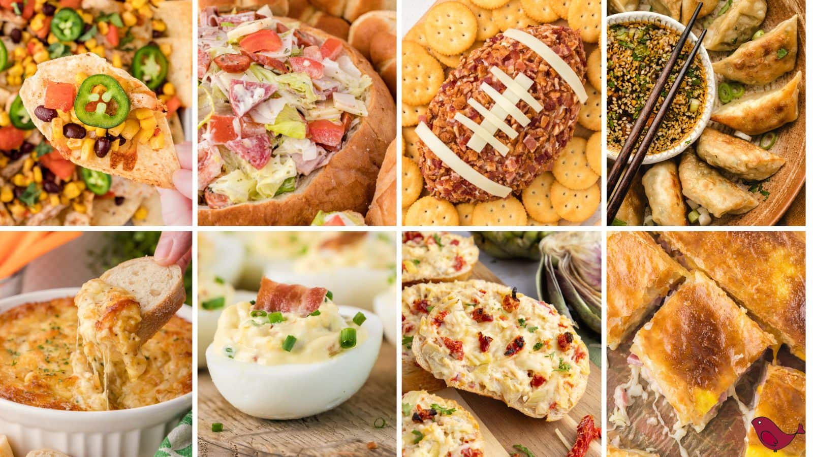 a collage of football food appetizers including jerk chicken nachos, Italian hoagie dip, football cheeseball, air fryer potstickers with dumpling dipping sauce, Swiss onion dip. bacon cheddar deviled eggs, artichoke bruschetta, and ham and cheese puff pastry