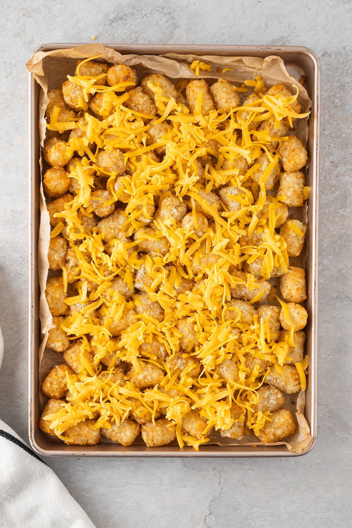 golden brown tater tots topped with ranch seasoning and shredded cheddar cheese