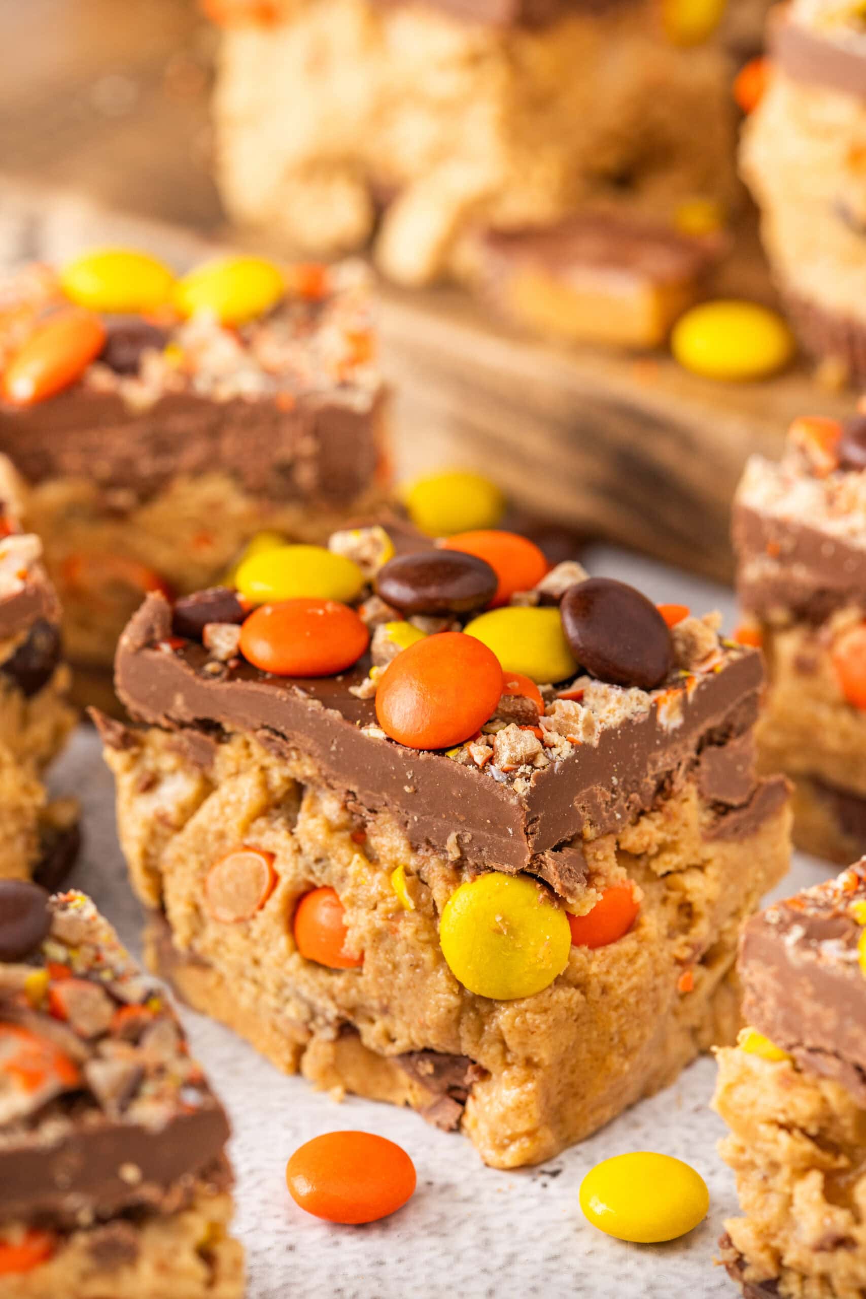 Close up of a ready to eat Reese's no bake peanut butter bar