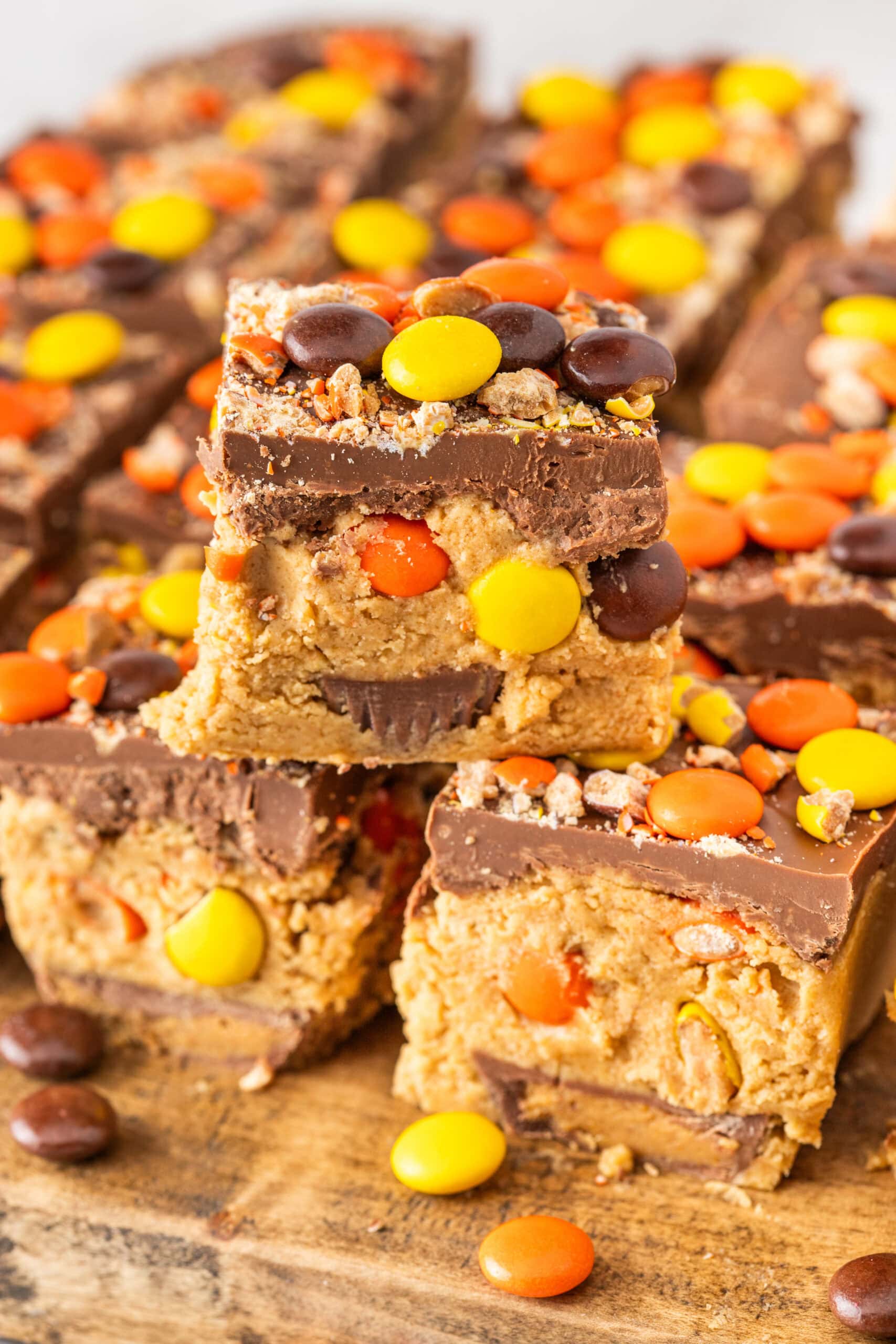 Close up of a stack of Reese's no bake peanut butter bars