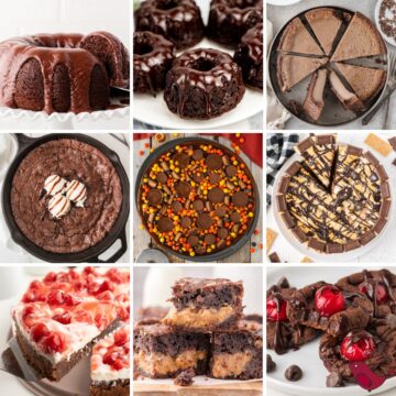 a colorful collage of chocolate desserts including triple chocolate bundt cake, mini chocolate brownie bundt cakes, chocolate pie, cast iron skillet brownie, chocolate peanut butter brownie, s'mores cheesecake, cherry cheesecake brownies, caramel turtle brownies, and chocolate covered cherry cookies