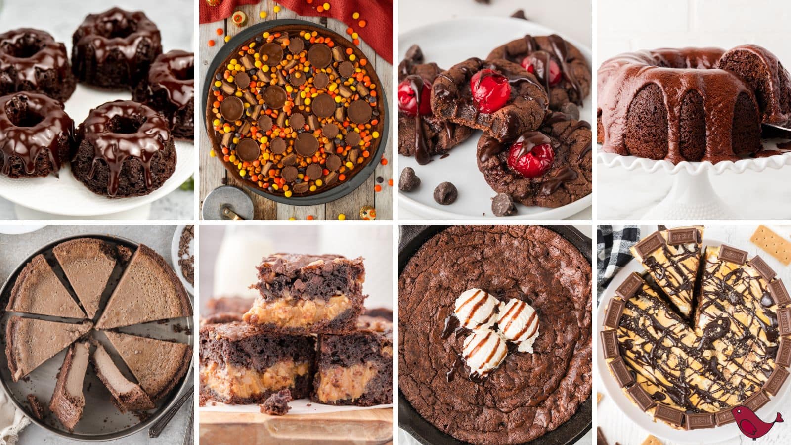 a colorful collage of chocolate desserts including triple chocolate bundt cake, mini chocolate brownie bundt cakes, chocolate pie, cast iron skillet brownie, chocolate peanut butter brownie, s'mores cheesecake, caramel turtle brownies, and chocolate covered cherry cookies