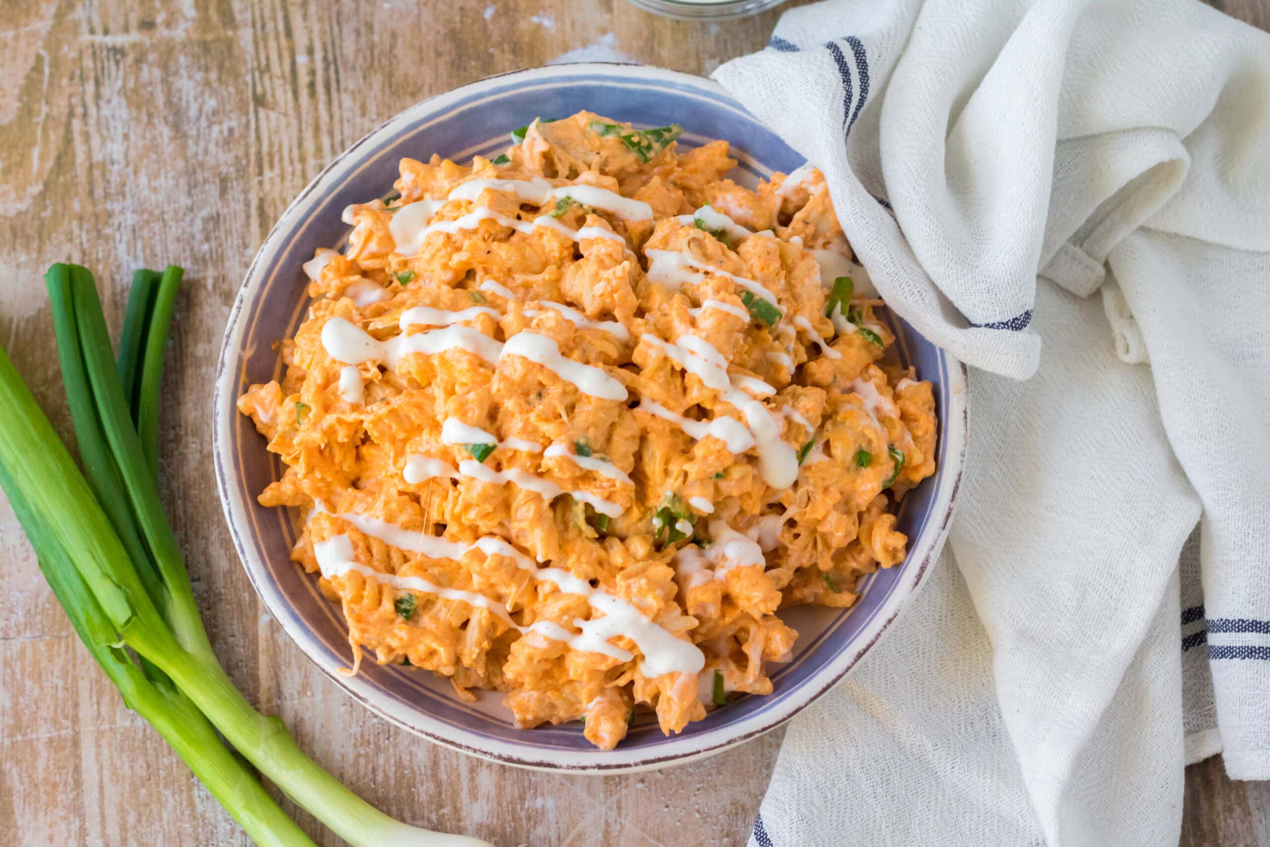 Buffalo chicken mac n cheese in bowl, ready to be served.