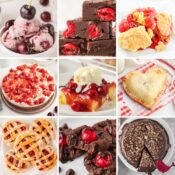 a collage of easy Valentine's Desserts including black cherry ice cream, dark chocolate cherry fudge, cherry pineapple dump cake, cherry cheesecake brownies, cherry almond cake, heart-shaped hand pies, cherry pie cookies, chocolate covered cherry cookies, and chocolate turtle cake