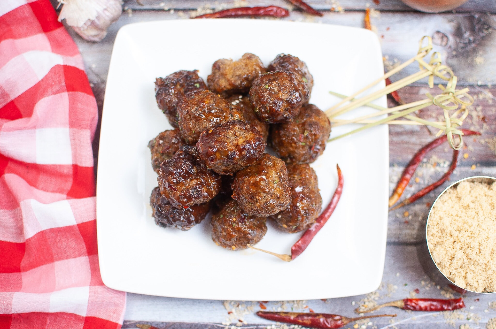 Air Fryer meatballs with firecracker sauce on a plate, ready to be served