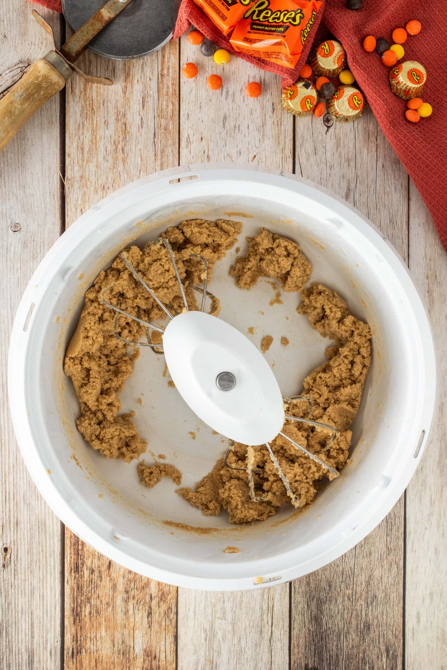 Mixing softened butter and brown and white sugar