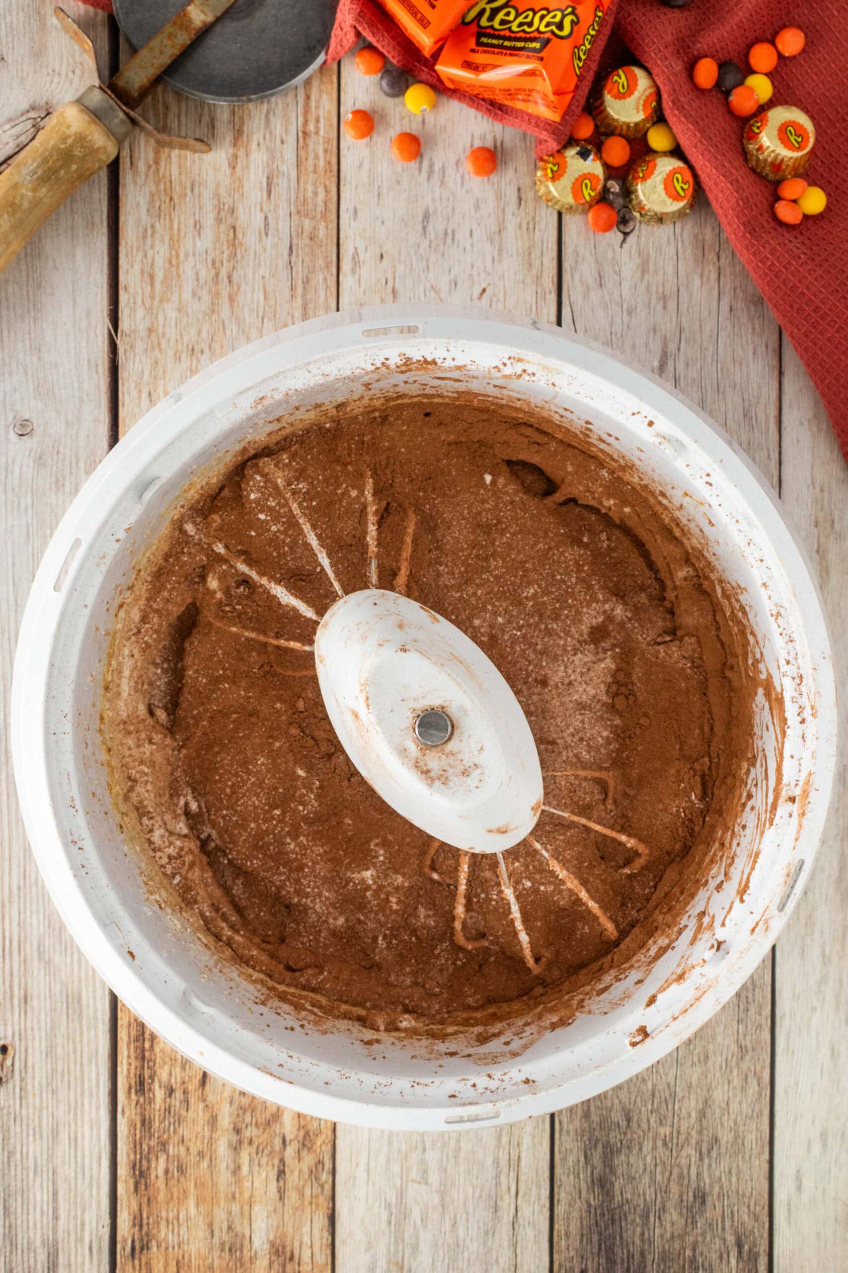 Mixing the brownie batter ingredients together