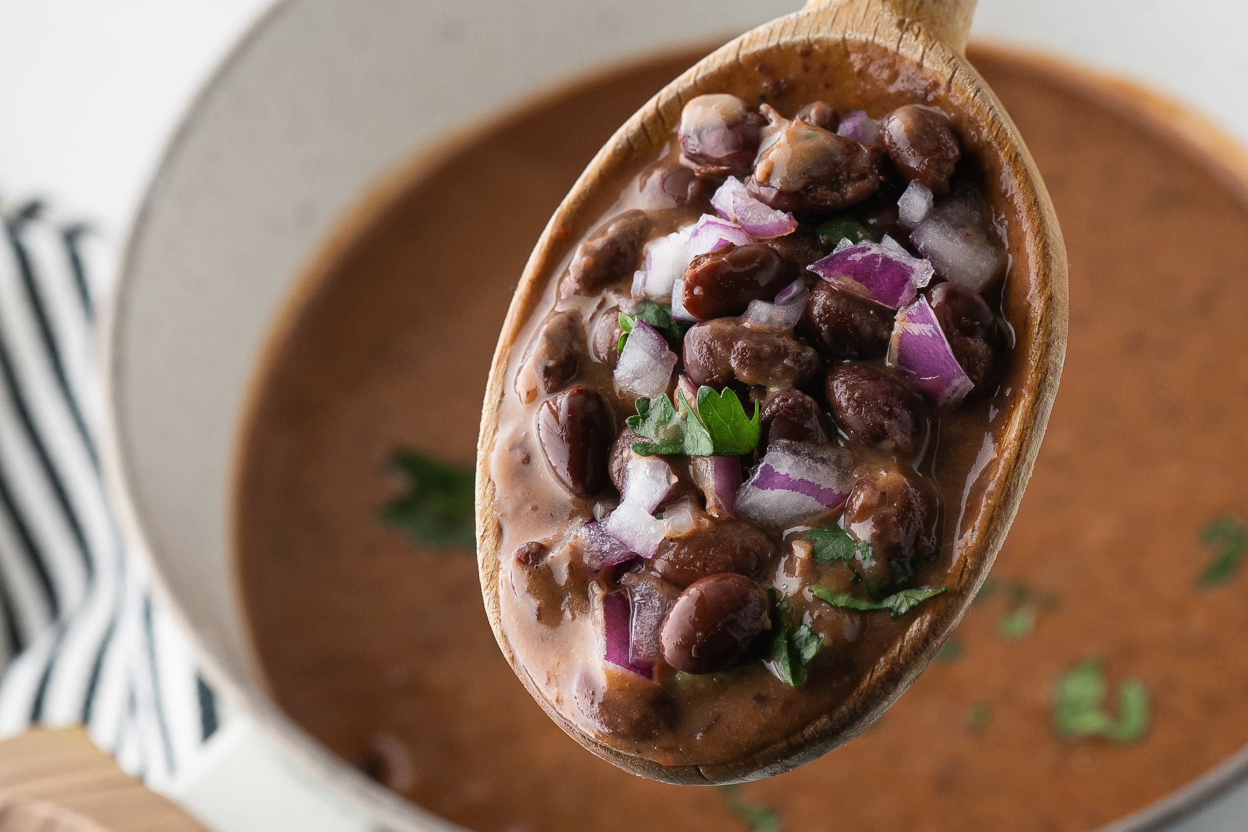 Black bean soup scooped up on a spoon, a close up