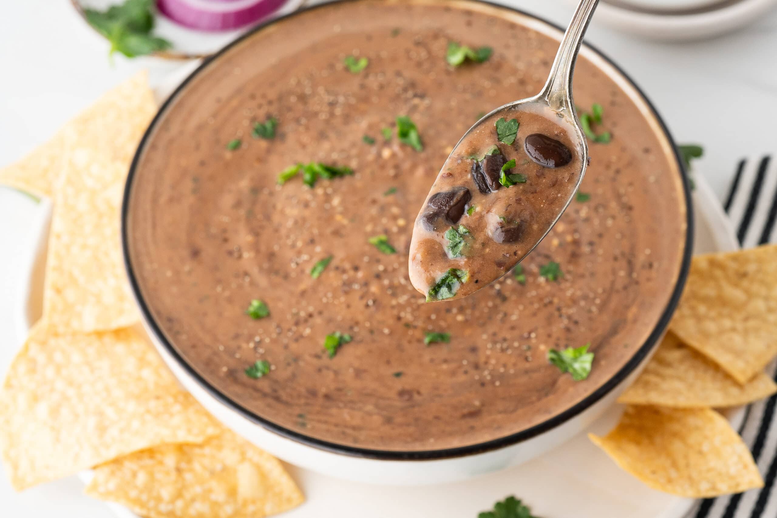 A spoonful of black bean soup with fresh cilantro
