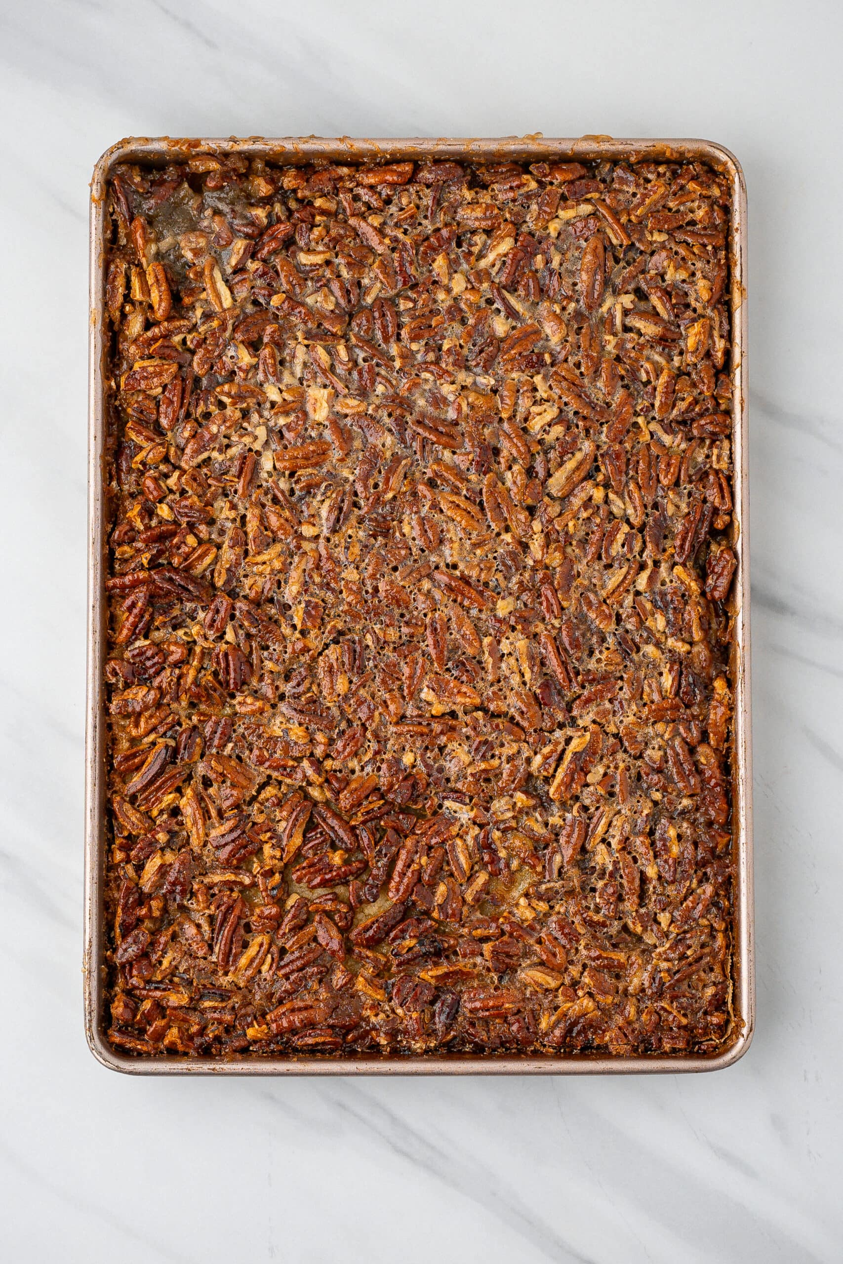 Eaay pecan pie bars in a baking sheet all baked and ready to be cut into squares