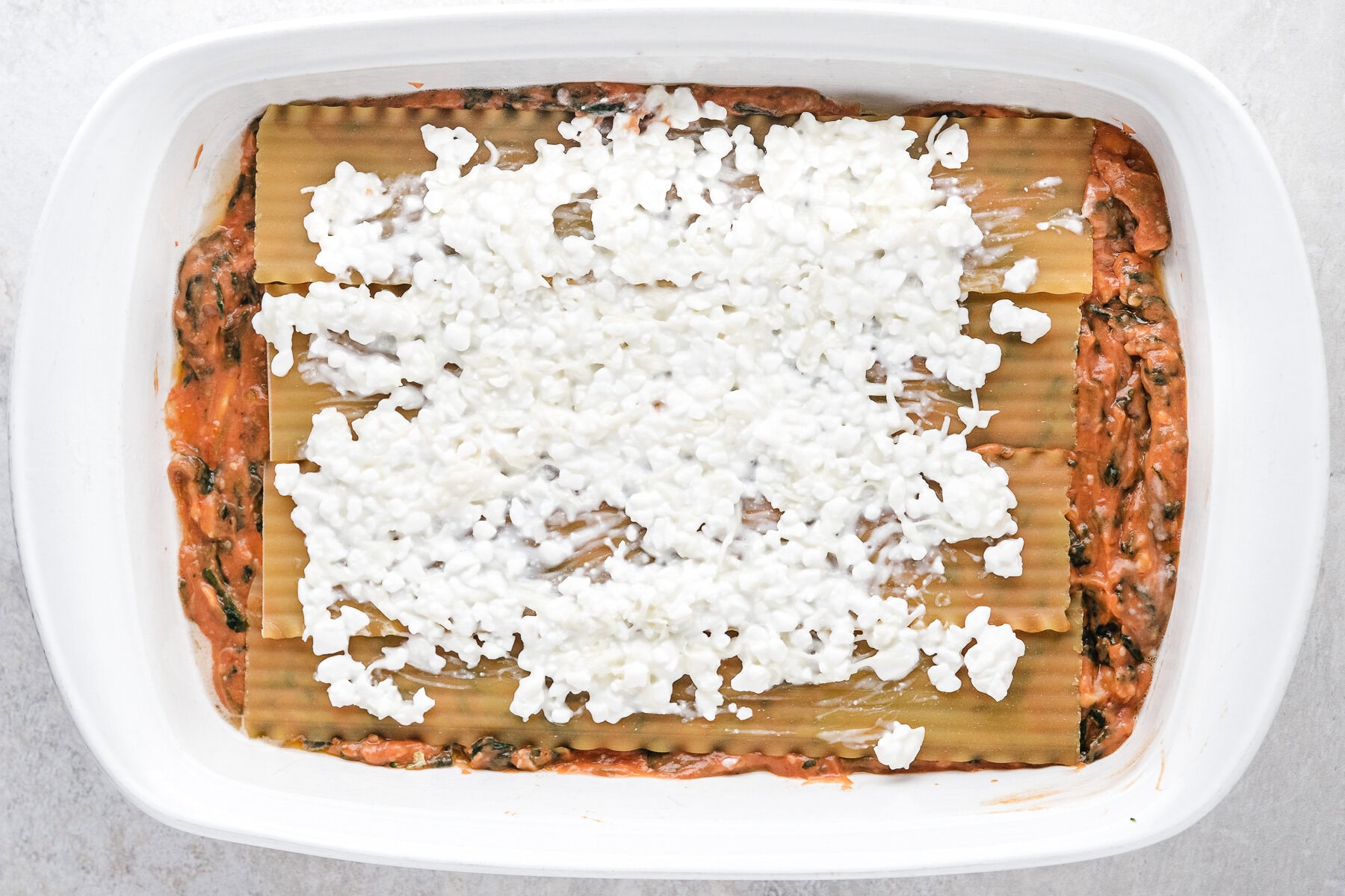 Cottage cheese layer on top of lasagna noodles