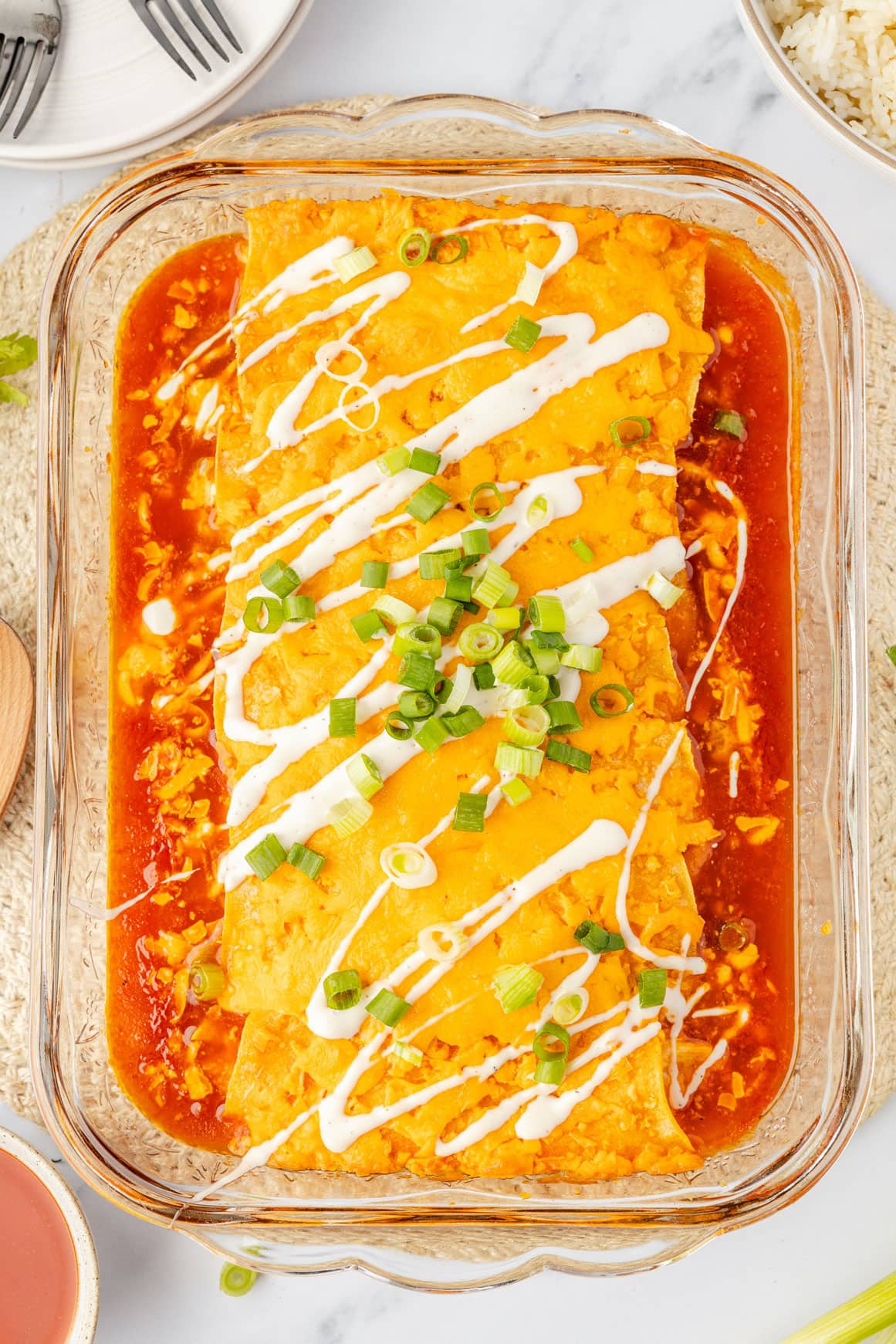 Buffalo chicken enchiladas all baked and ready to be served