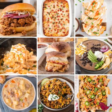 a collage of football food dinners including Instant Pot sloppy joes, pepperoni pizza mac and cheese, buffalo chicken tacos, cheeseburger soup, black bean soup, Mexican rice and beans, and jerk chicken nachos