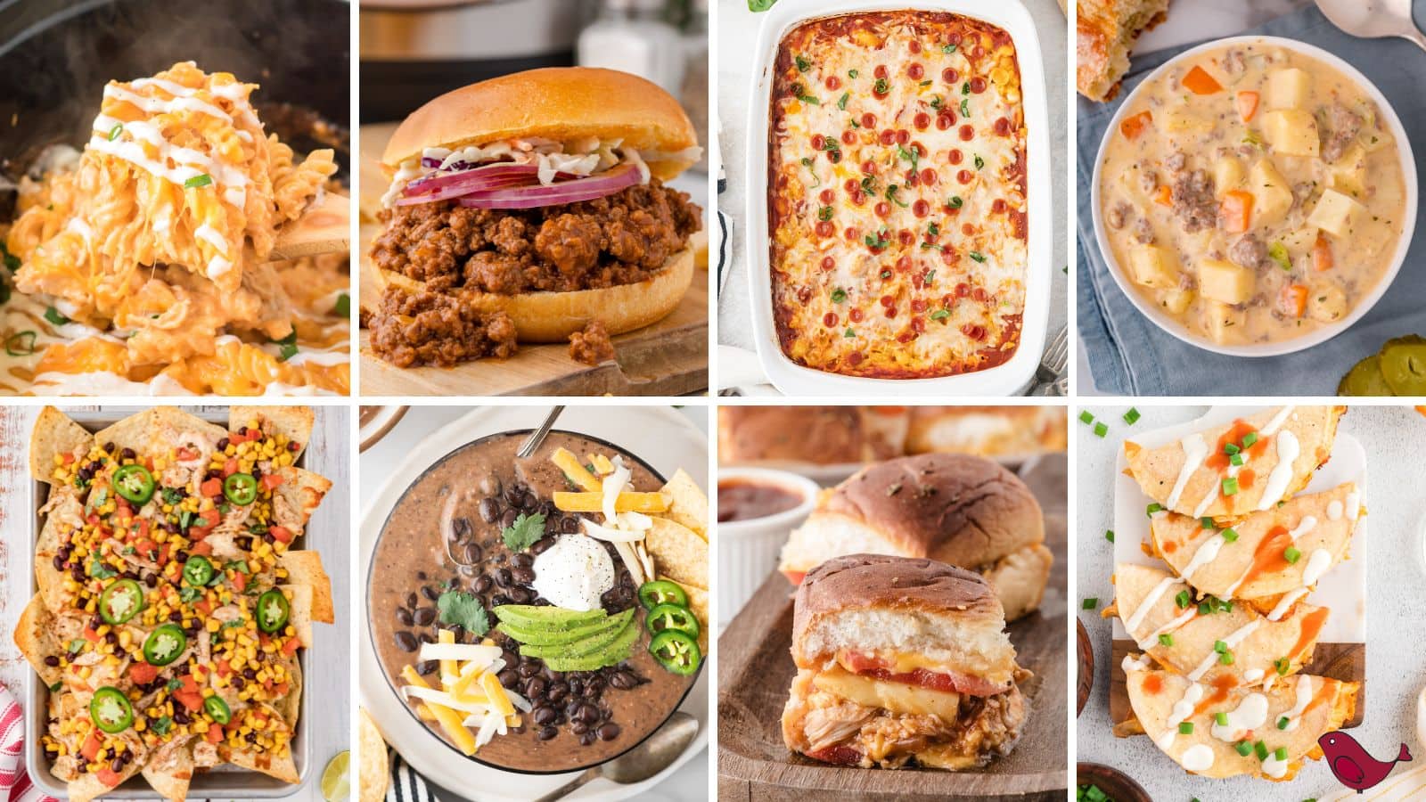 a collage of football food dinners including Instant Pot sloppy joes, pepperoni pizza mac and cheese, buffalo chicken tacos, cheeseburger soup, black bean soup, and jerk chicken nachos