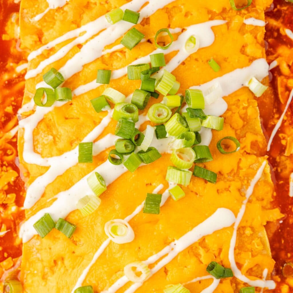 Close up buffalo beef enchiladas in baking pan.