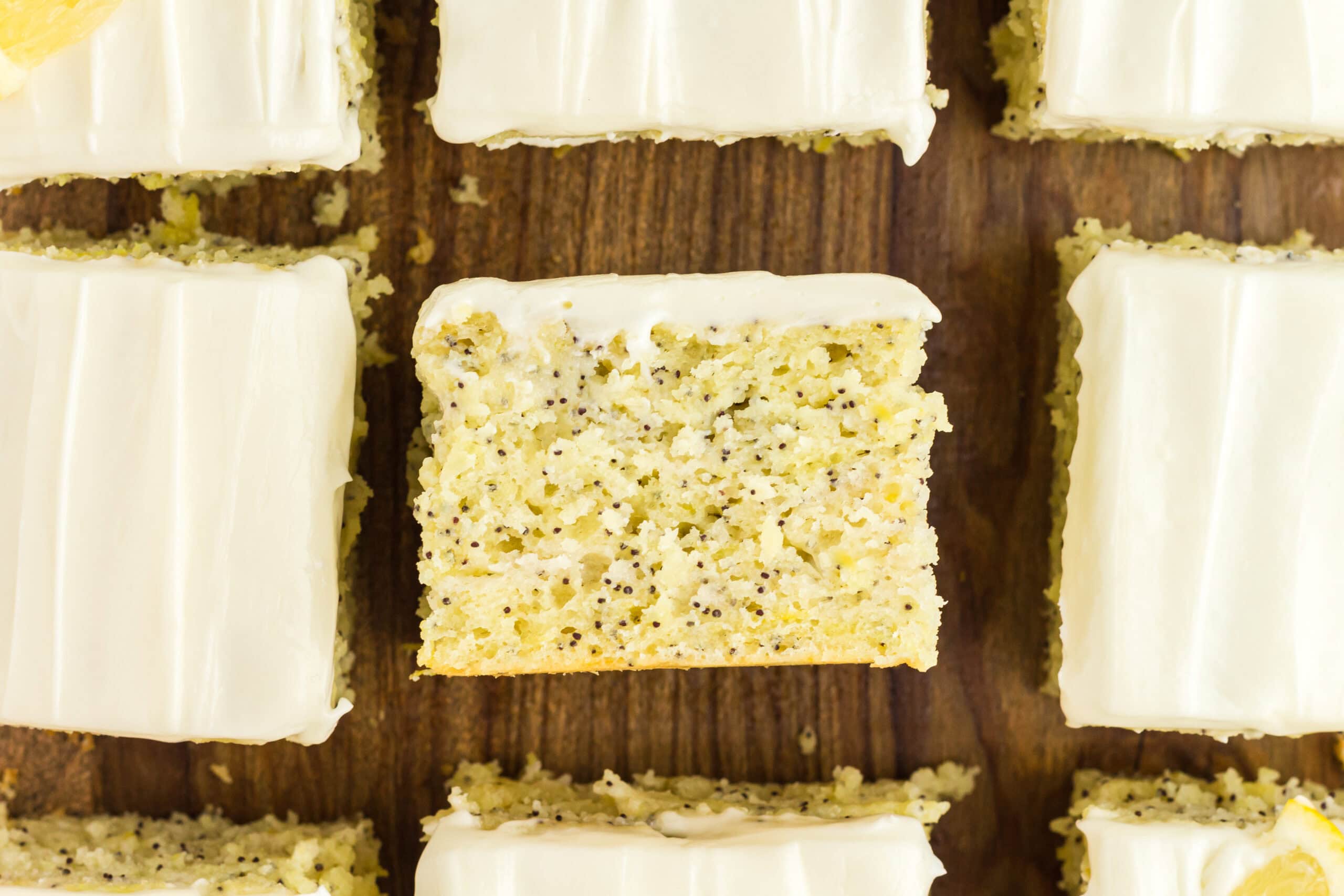 Lemon poppy seed cake sliced and ready to be enjoyed