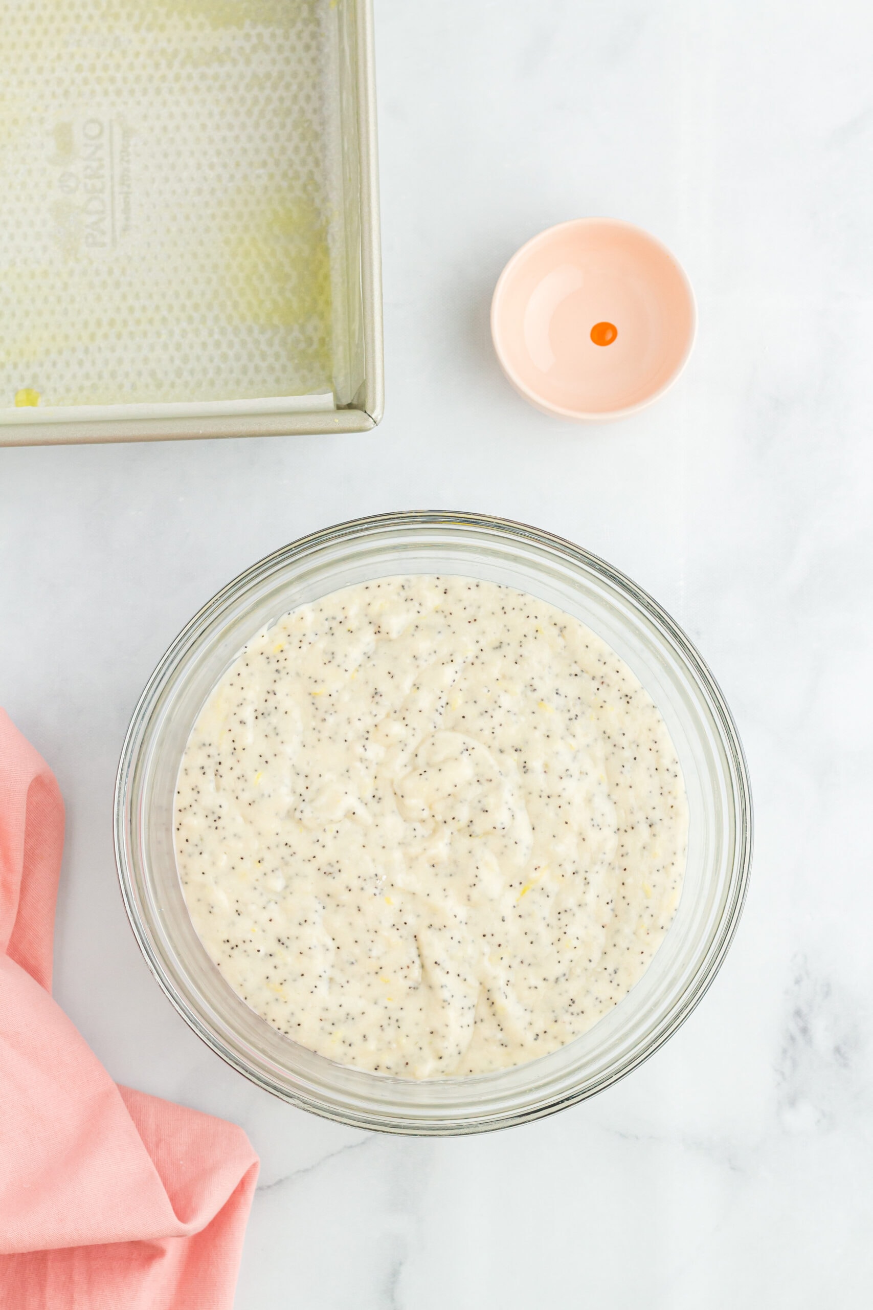 Lemon Poppy seed mixture all mixed up together in mixing bowl