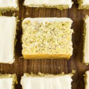 a square piece placed upward to see the texture of the lemon poppy seed cake
