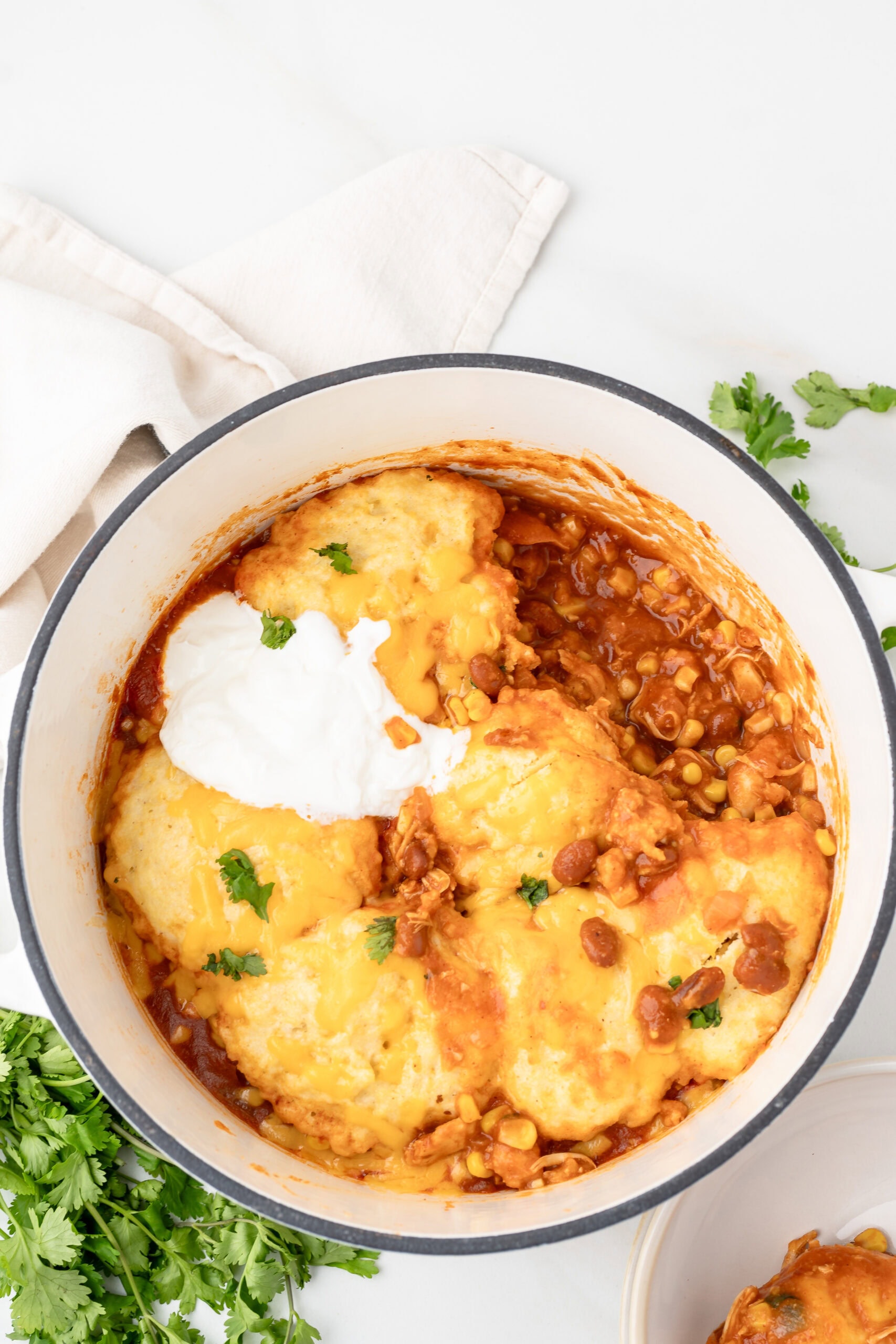 Chicken chili with dumplings in the dutch oven, ready to be served