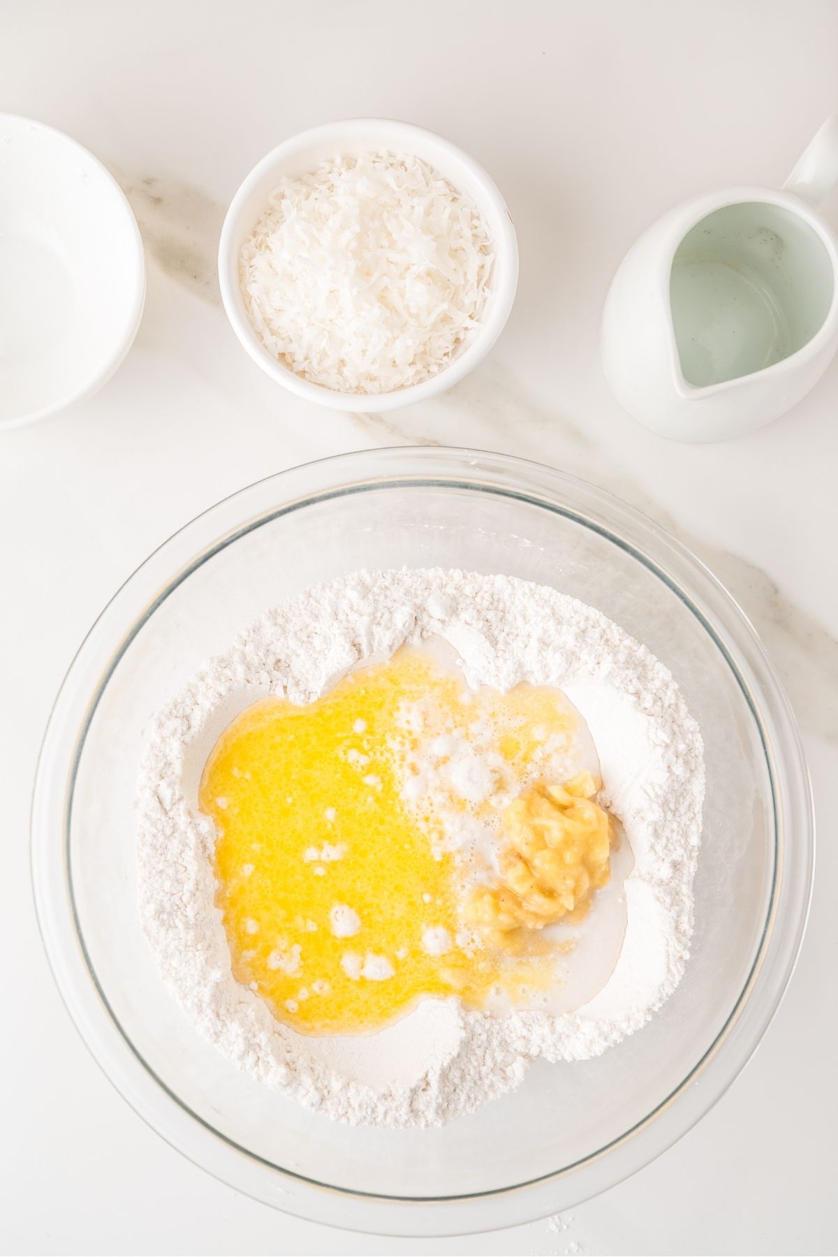 Coconut pancake ingredients with flour and eggs