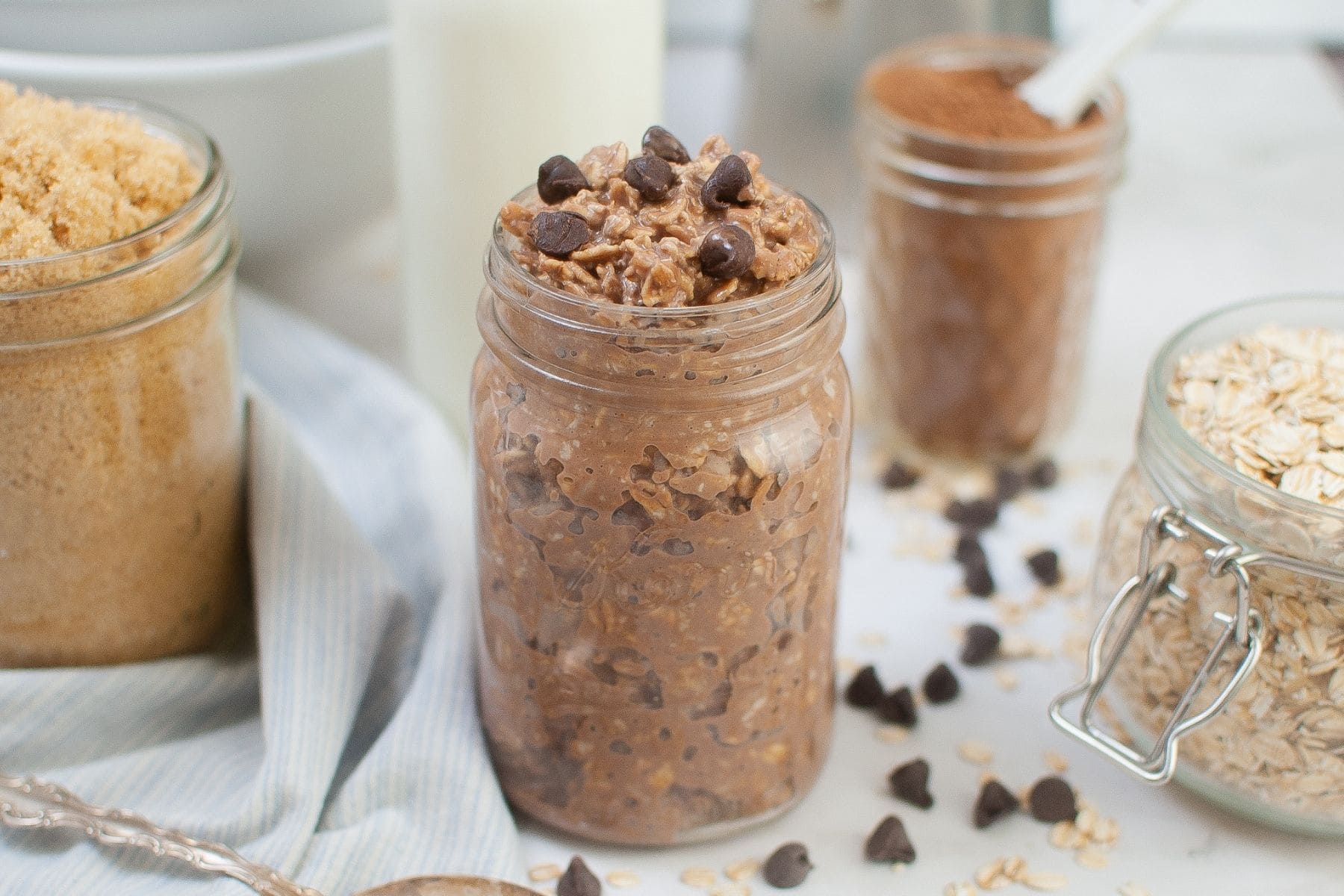 Easy double chocolate overnight oats prepared in a jar
