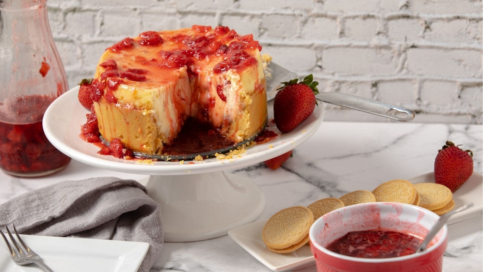 sliced strawberry cheesecake on plate