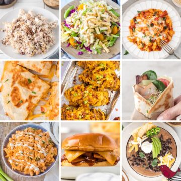 lazy mom lunch ideas including chicken salad, pizza mac and cheese, buffalo chicken mac and cheese, buffalo chicken stuffed baked potatoes, beef enchilada casserole, BBQ ham sandwiches, Chinese chicken salad, turkey bacon wrap, and black bean soup