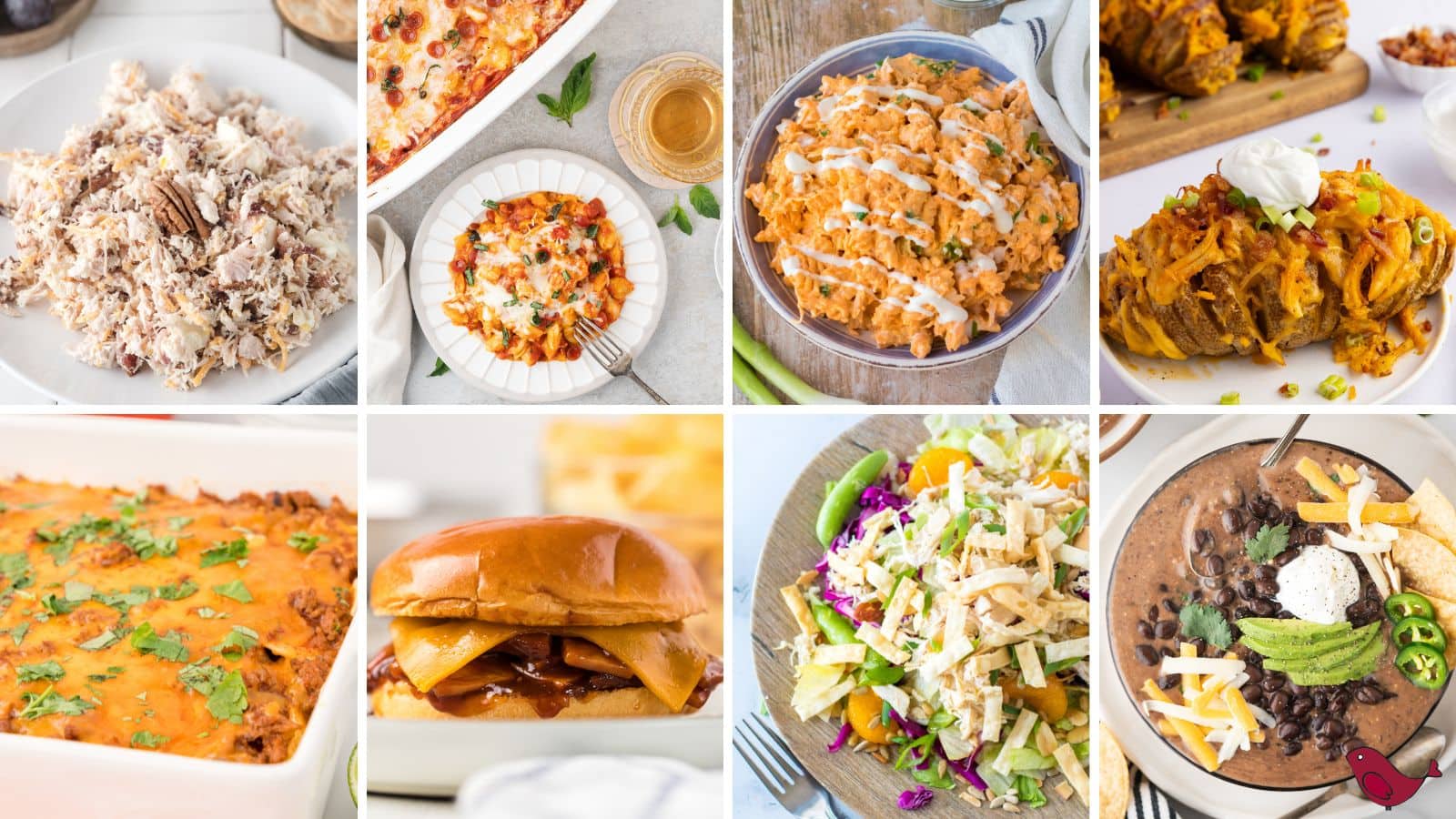 lazy mom lunch ideas including chicken salad, pizza mac and cheese, buffalo chicken mac and cheese, buffalo chicken stuffed baked potatoes, beef enchilada casserole, BBQ ham sandwiches, Chinese chicken salad, and black bean soup