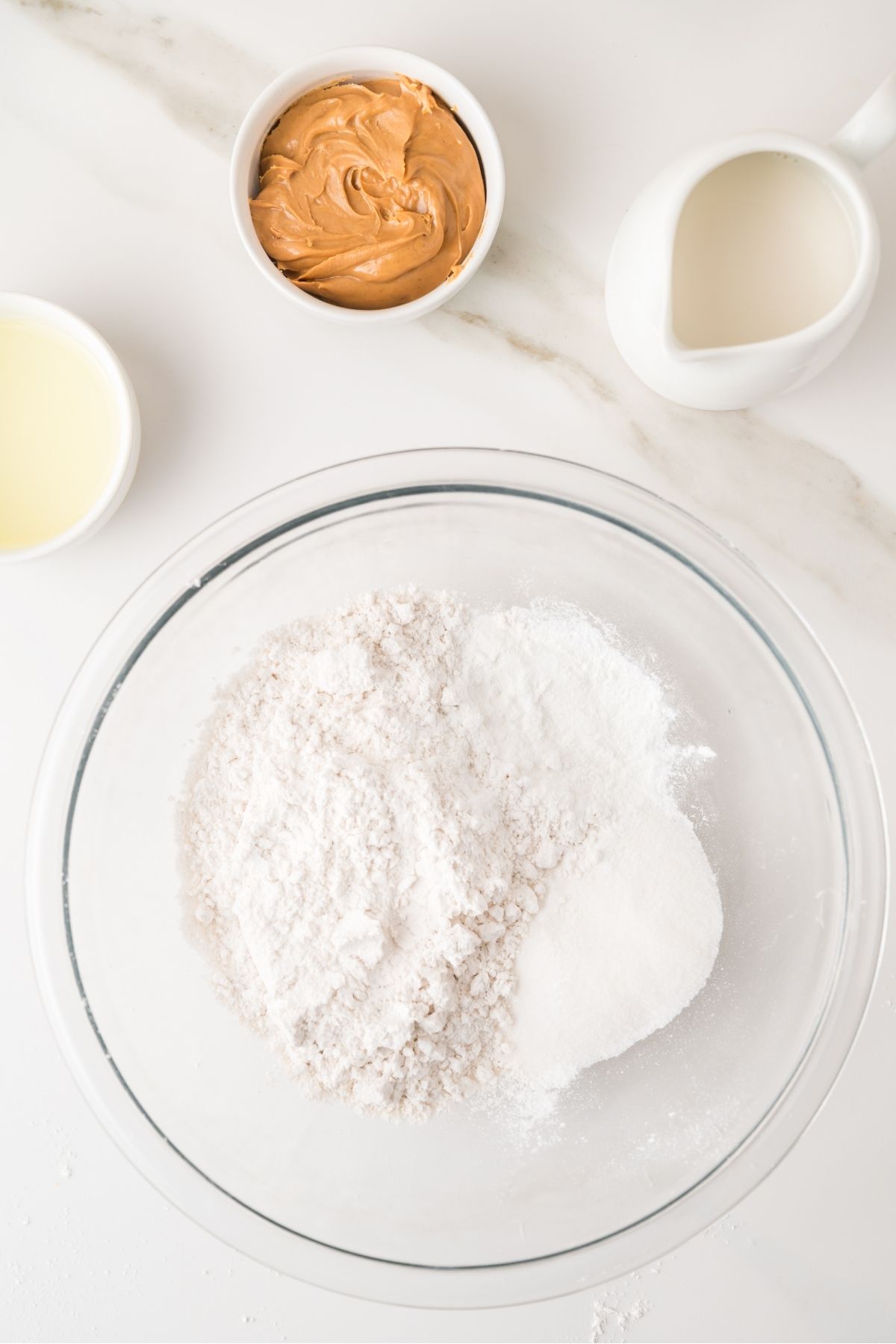Peanut butter pancake batter being stirred in bowl
