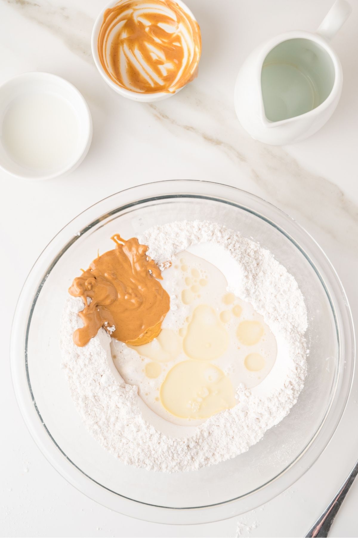 Peanut butter pancake batter mixed in bowl
