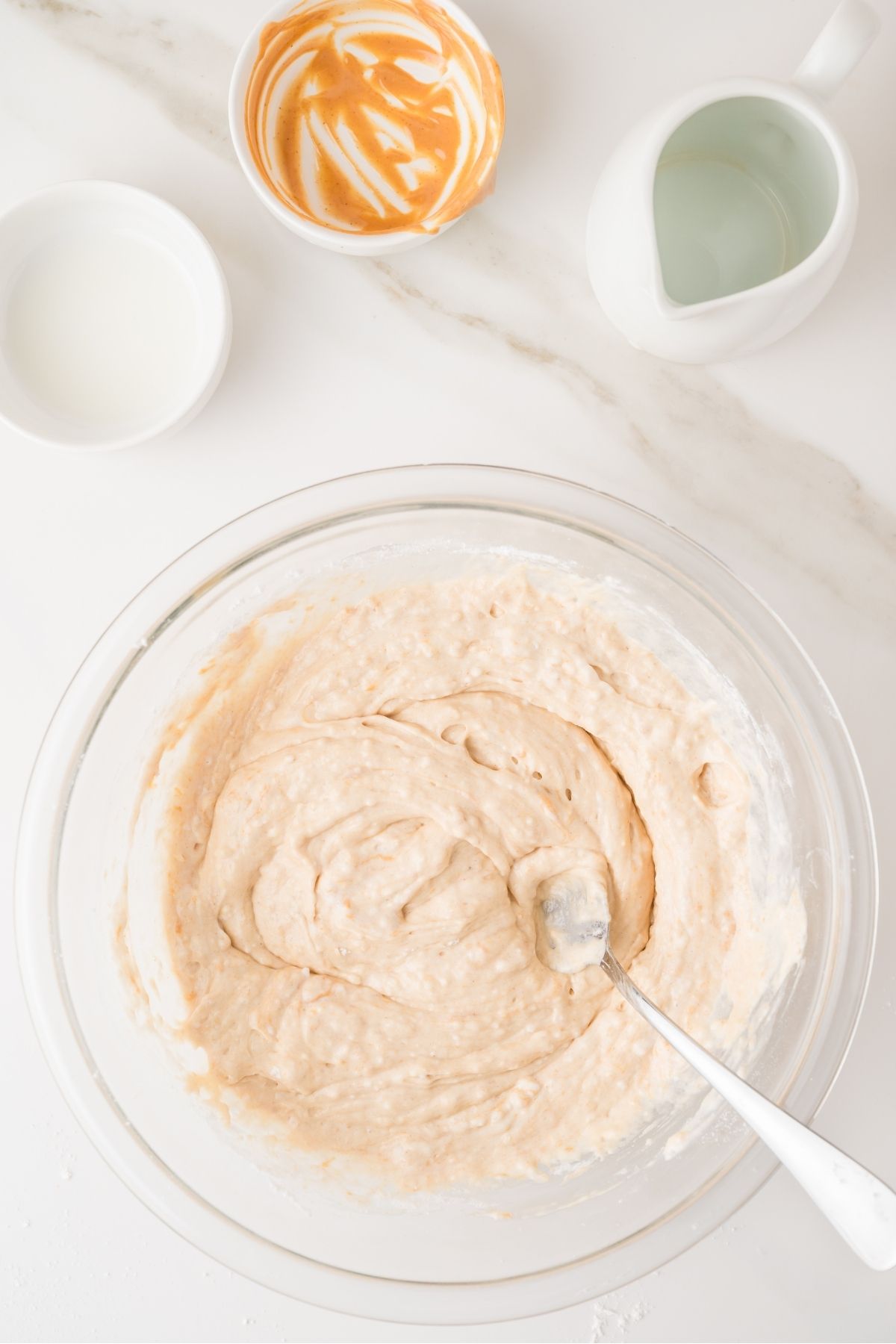 Peanut butter pancake batter mixed in bowl
