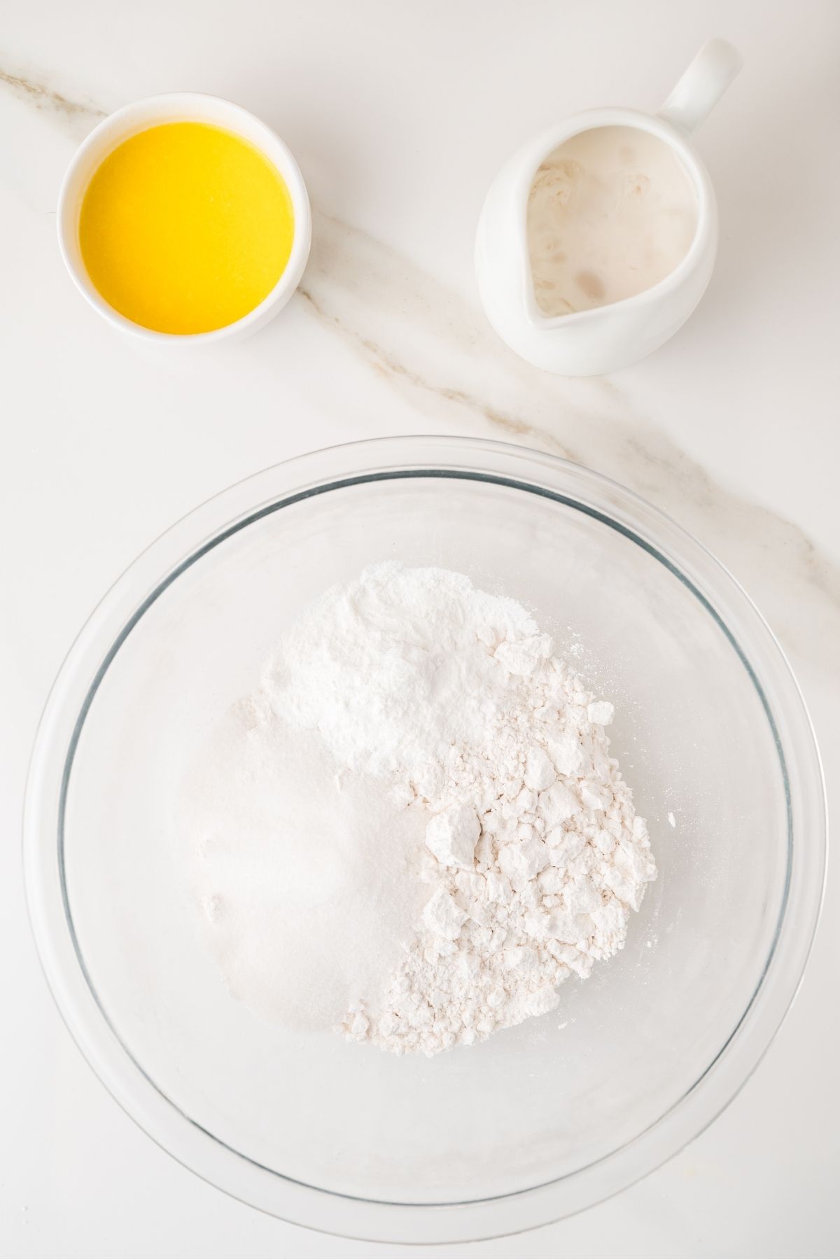 Scrambled pancake batter mixed in a bowl