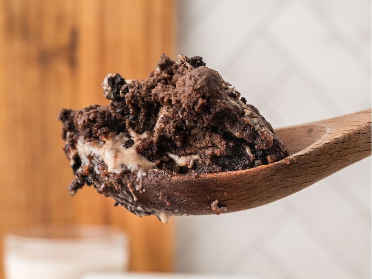 Rich chocolate Oreo dump cake spoonful