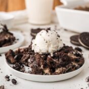 Gooey Oreo dump cake with vanilla ice cream