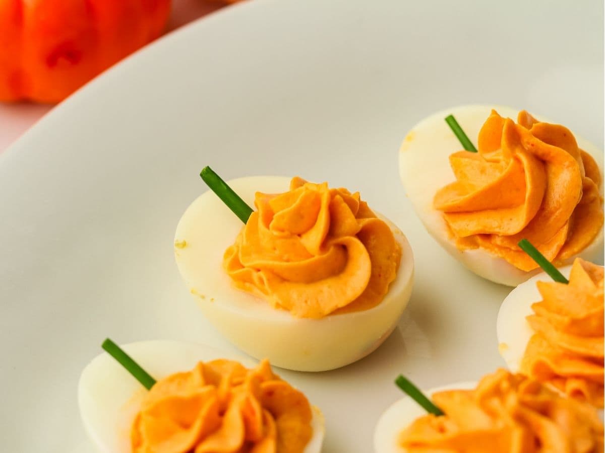 Halloween pumpkin deviled egg appetizer