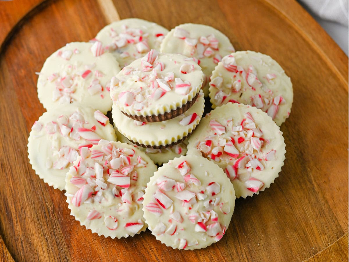 Chocolate peppermint bark cups with candy canes