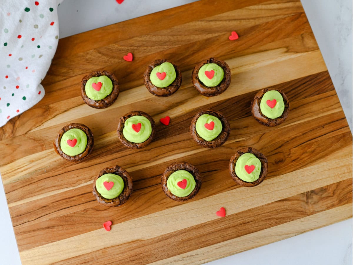 Grinch Christmas brownies with heart sprinkles
