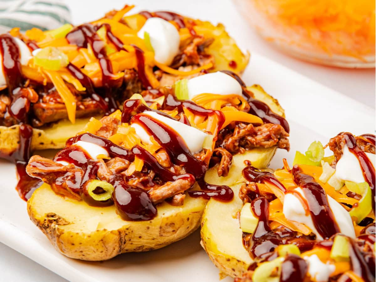 Cheddar pulled beef potato skins