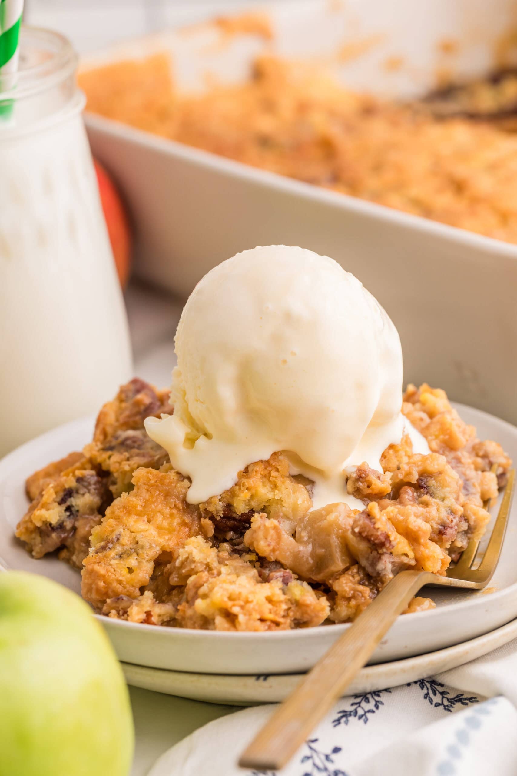 Warm apple dump cake with vanilla ice cream