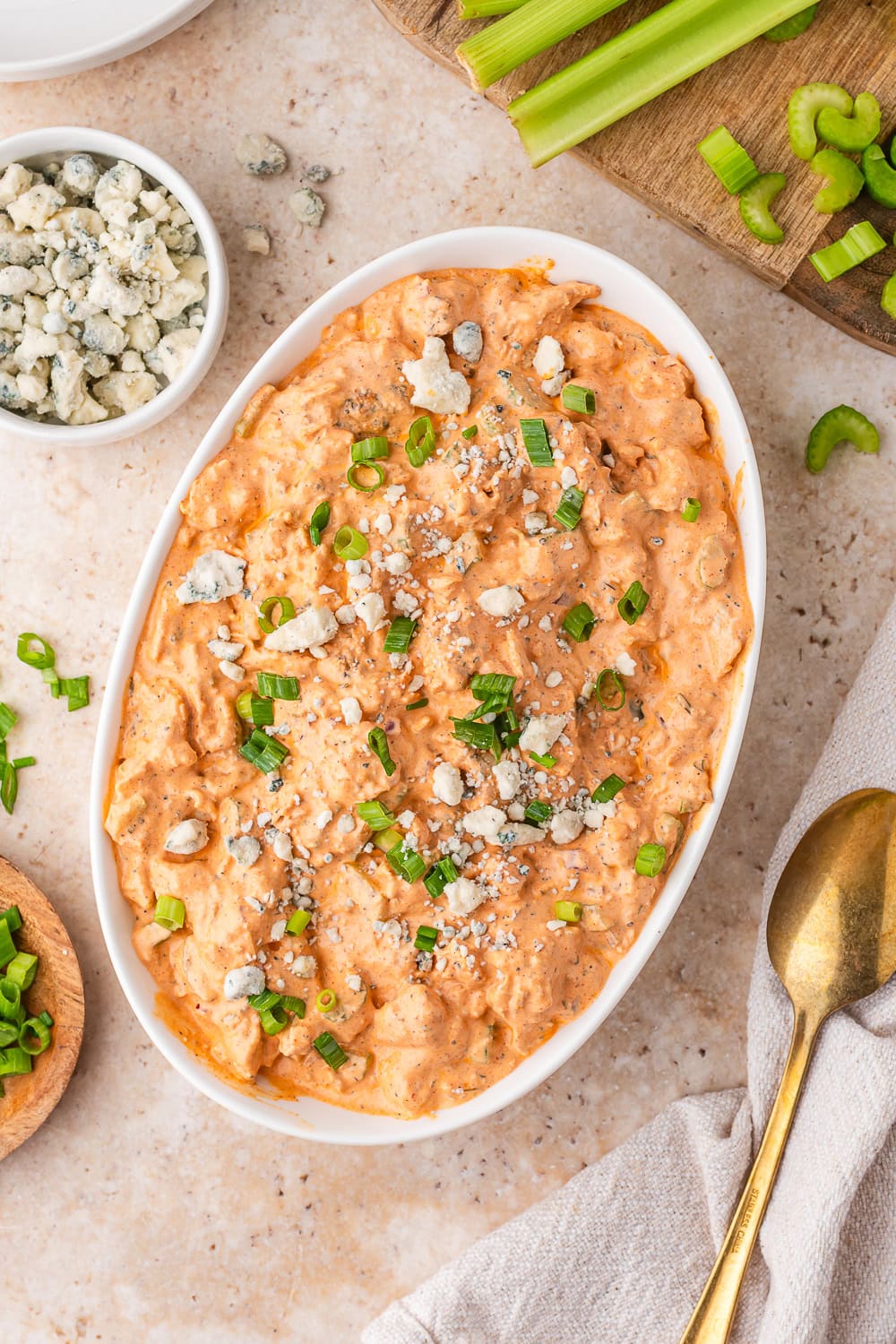 Homemade creamy buffalo chicken salad with blue cheese