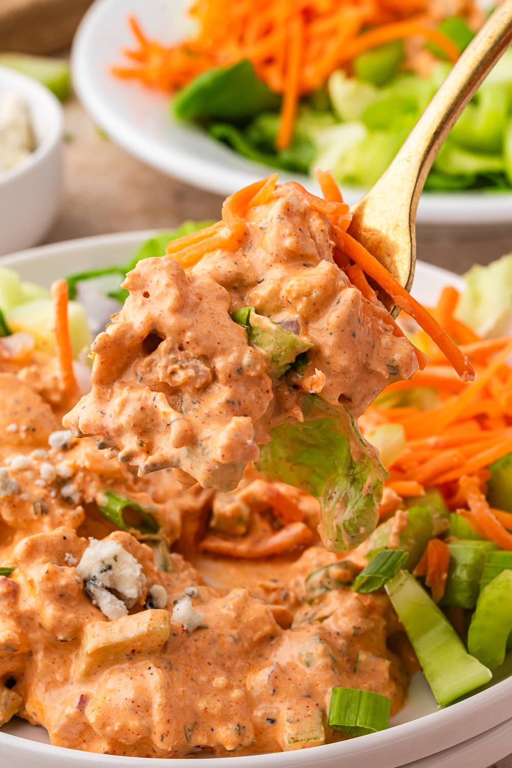 Spicy buffalo chicken salad with carrots and celery