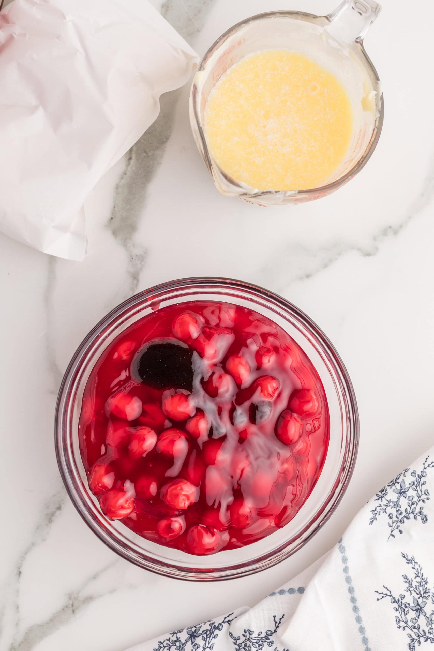 Simple cherry dump cake ingredients before baking