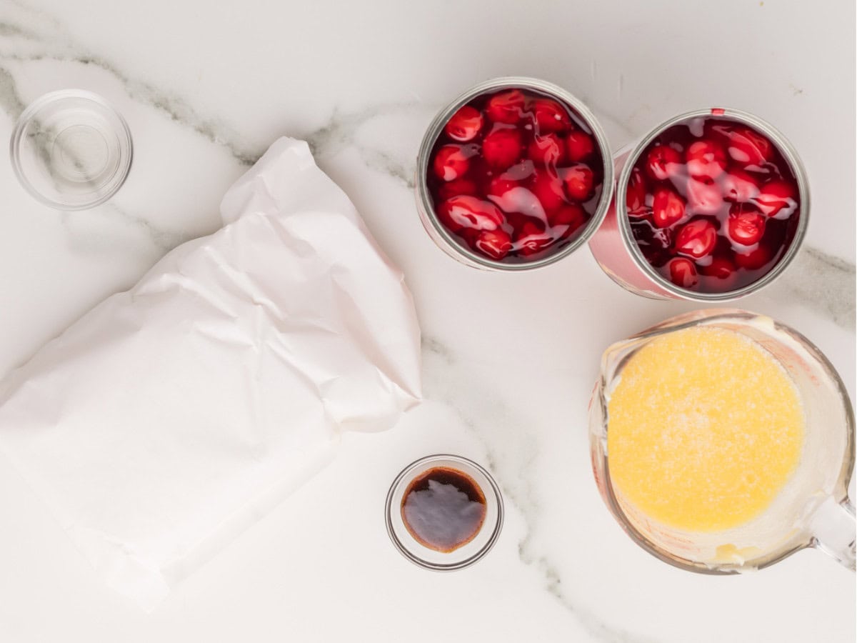 Cherry dump cake ingredients with cake mix and cherry pie filling
