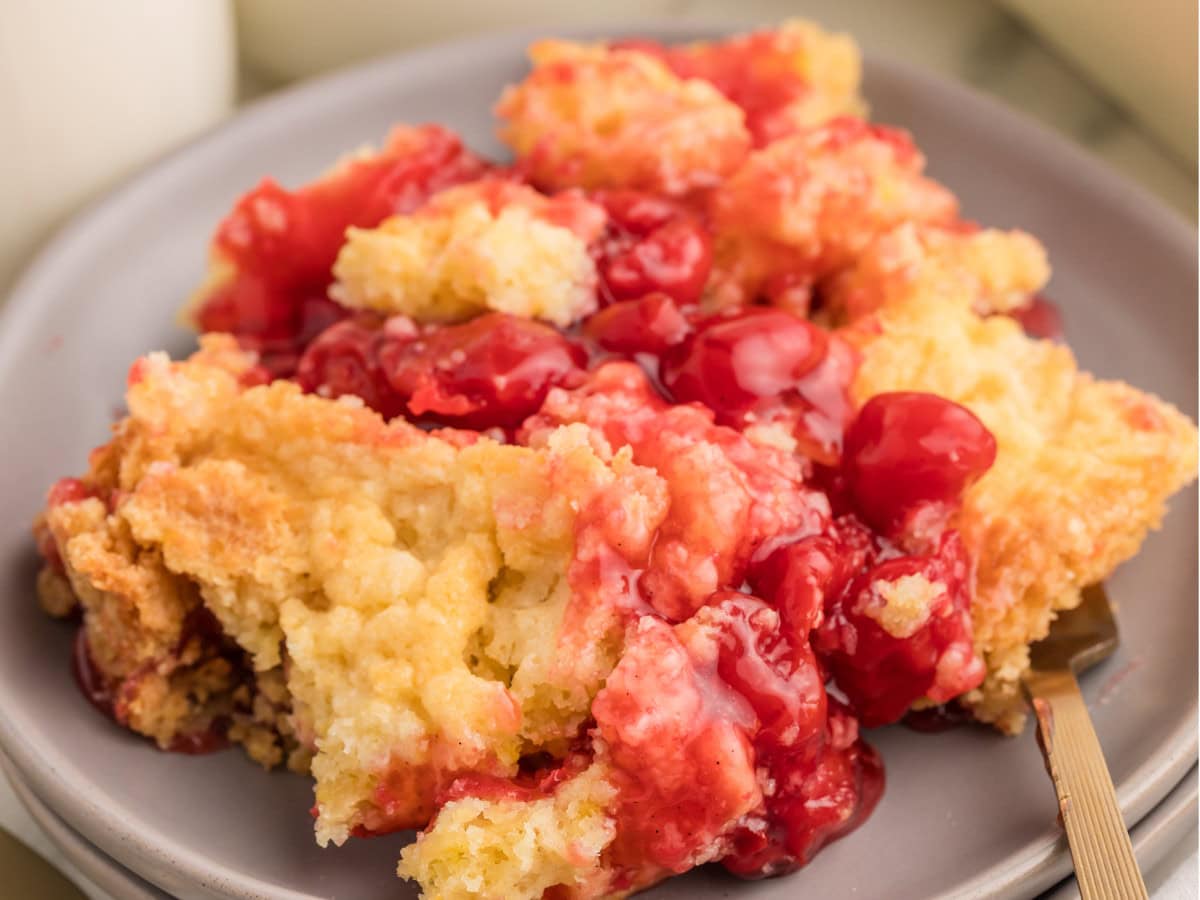 Classic cherry dump cake with golden topping